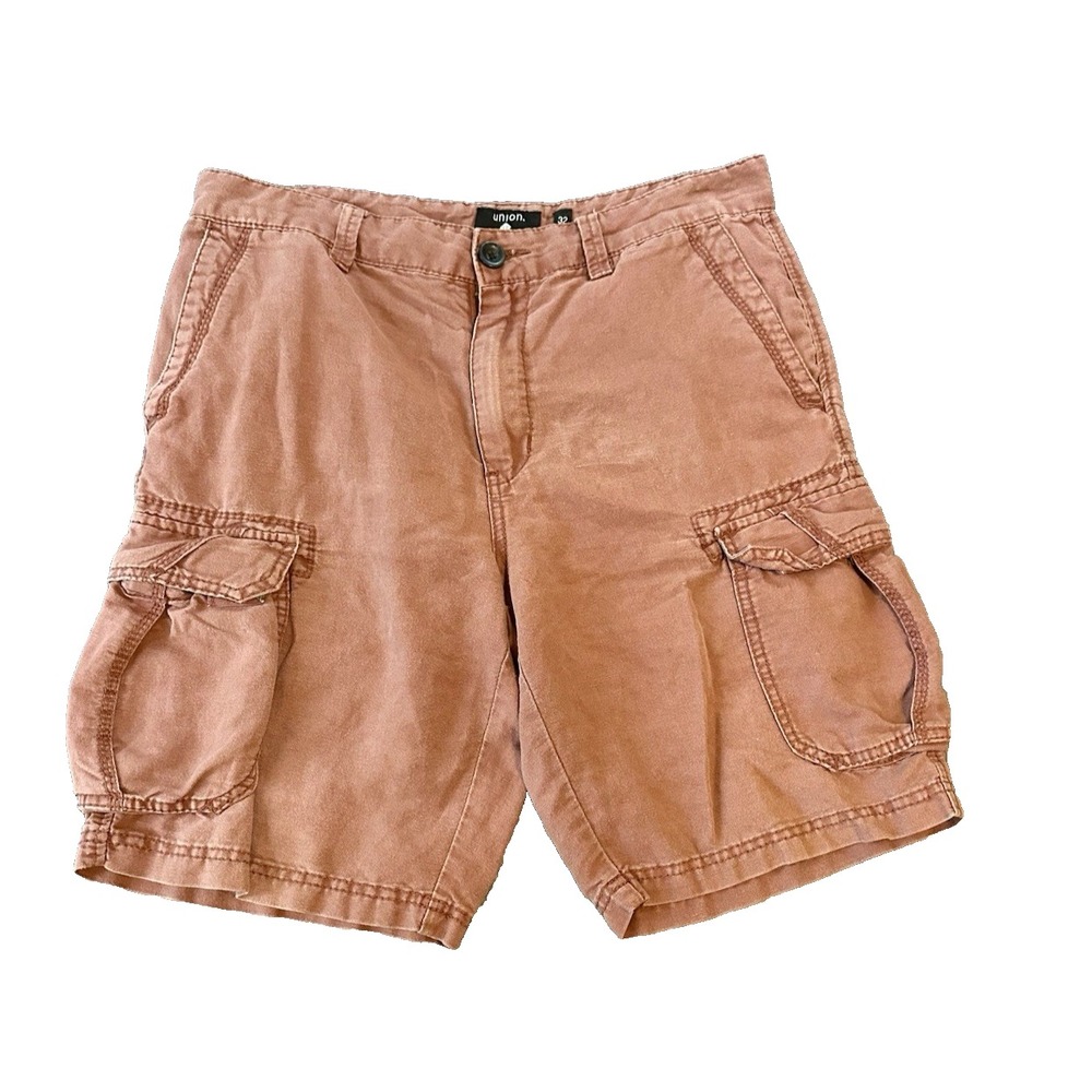 Union Linen Blend Mens Cargo Shorts 32 Orange Brown Utility Casual Gorpcore Prep